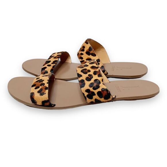 J. Crew | Leopard Calf Hair Slip On Double Strap Open Toe Sandals Women's Size 7 - Picture 2 of 9